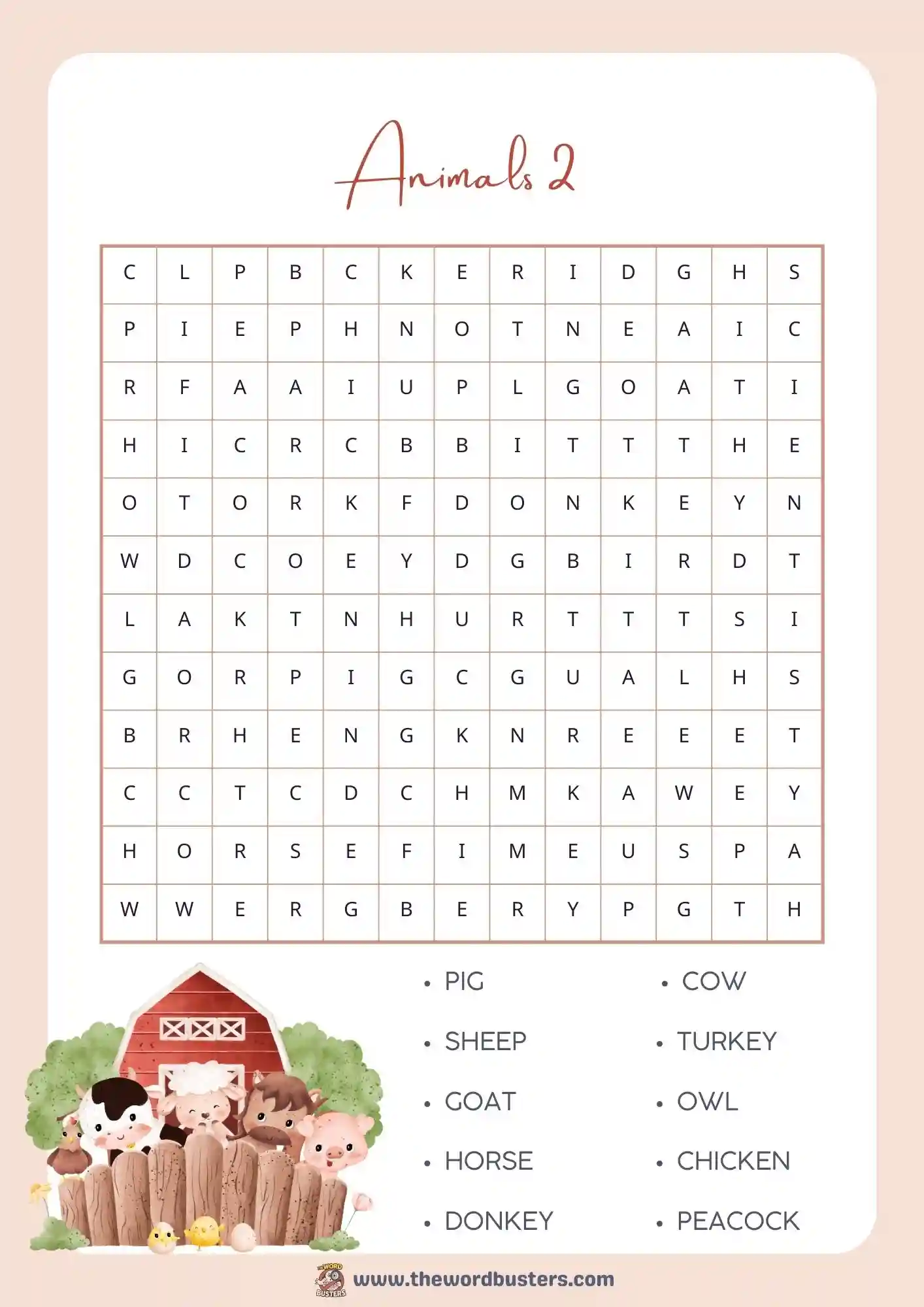 animal word search printable