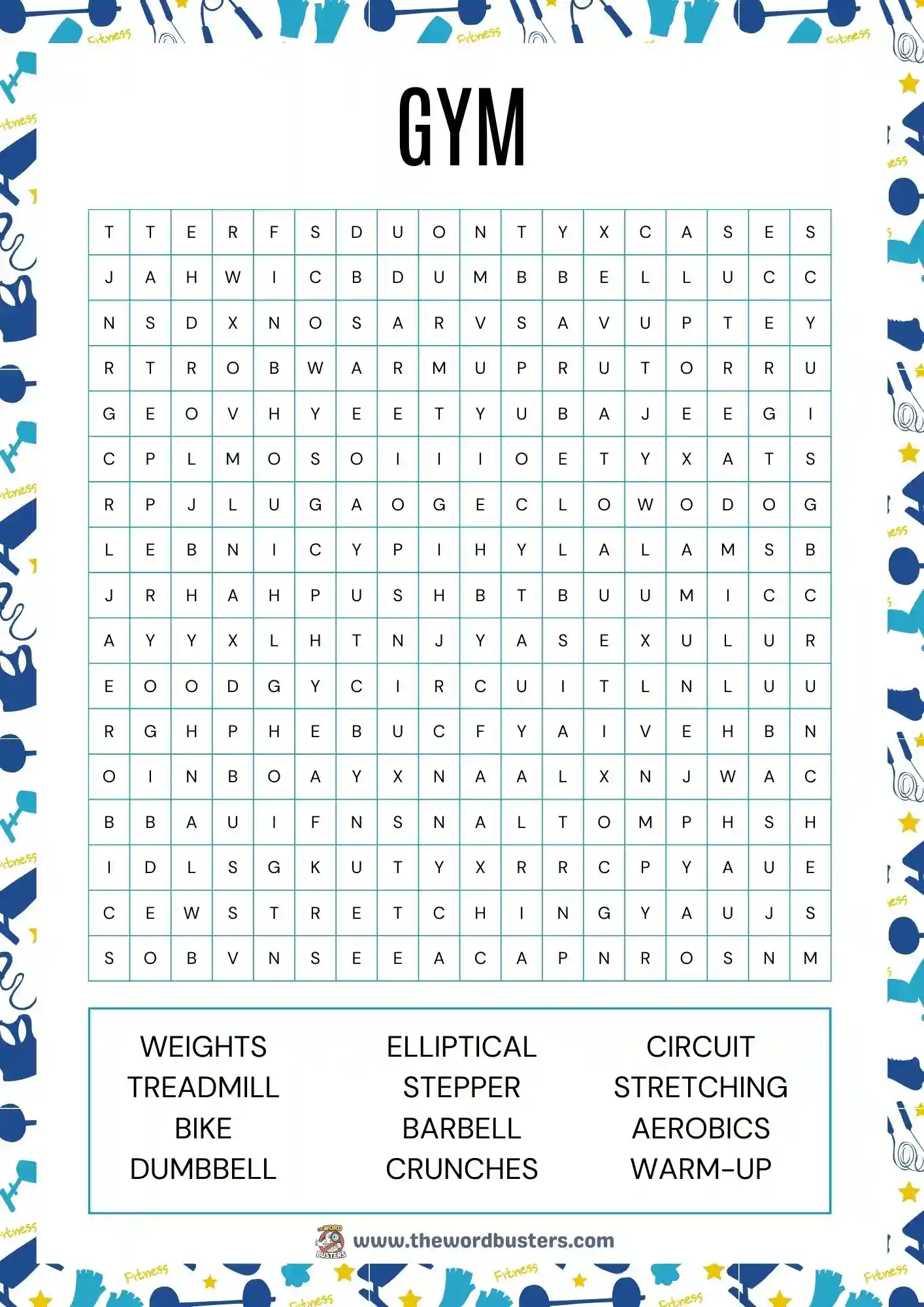gym word search printable