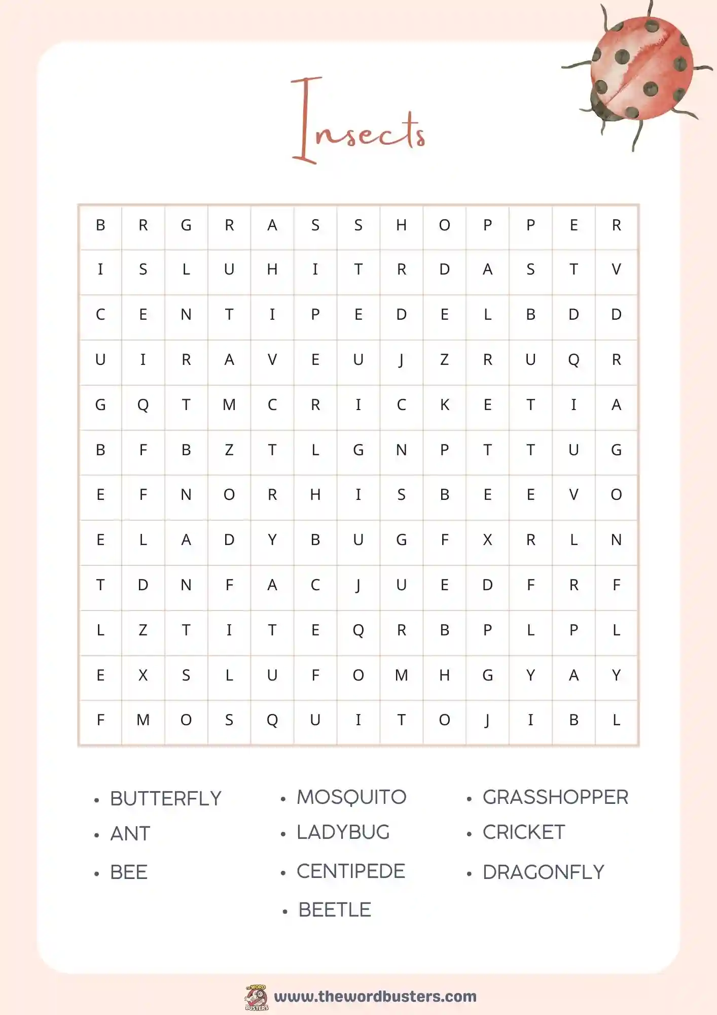 insects word search printable