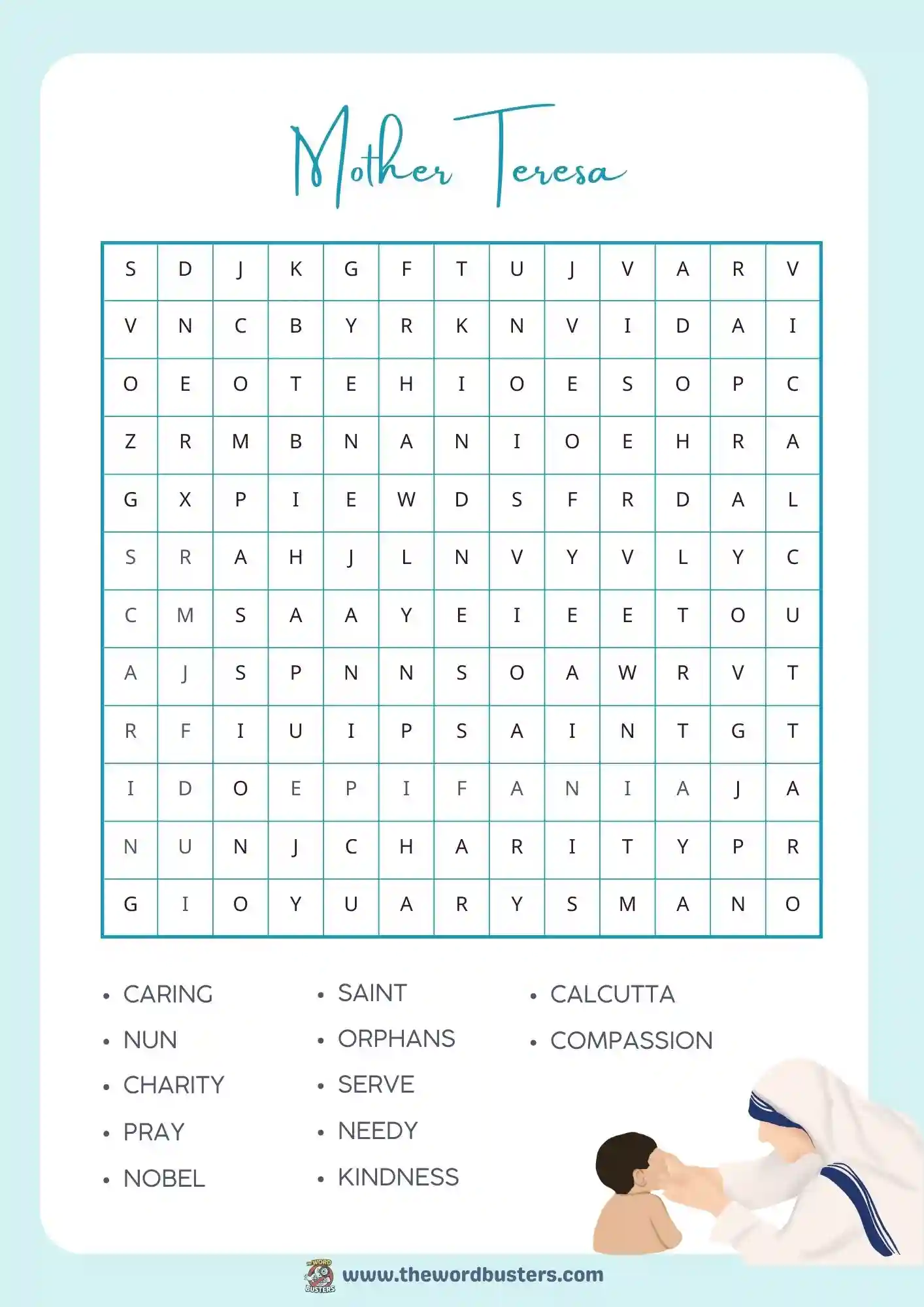 mother Teresa word search printable