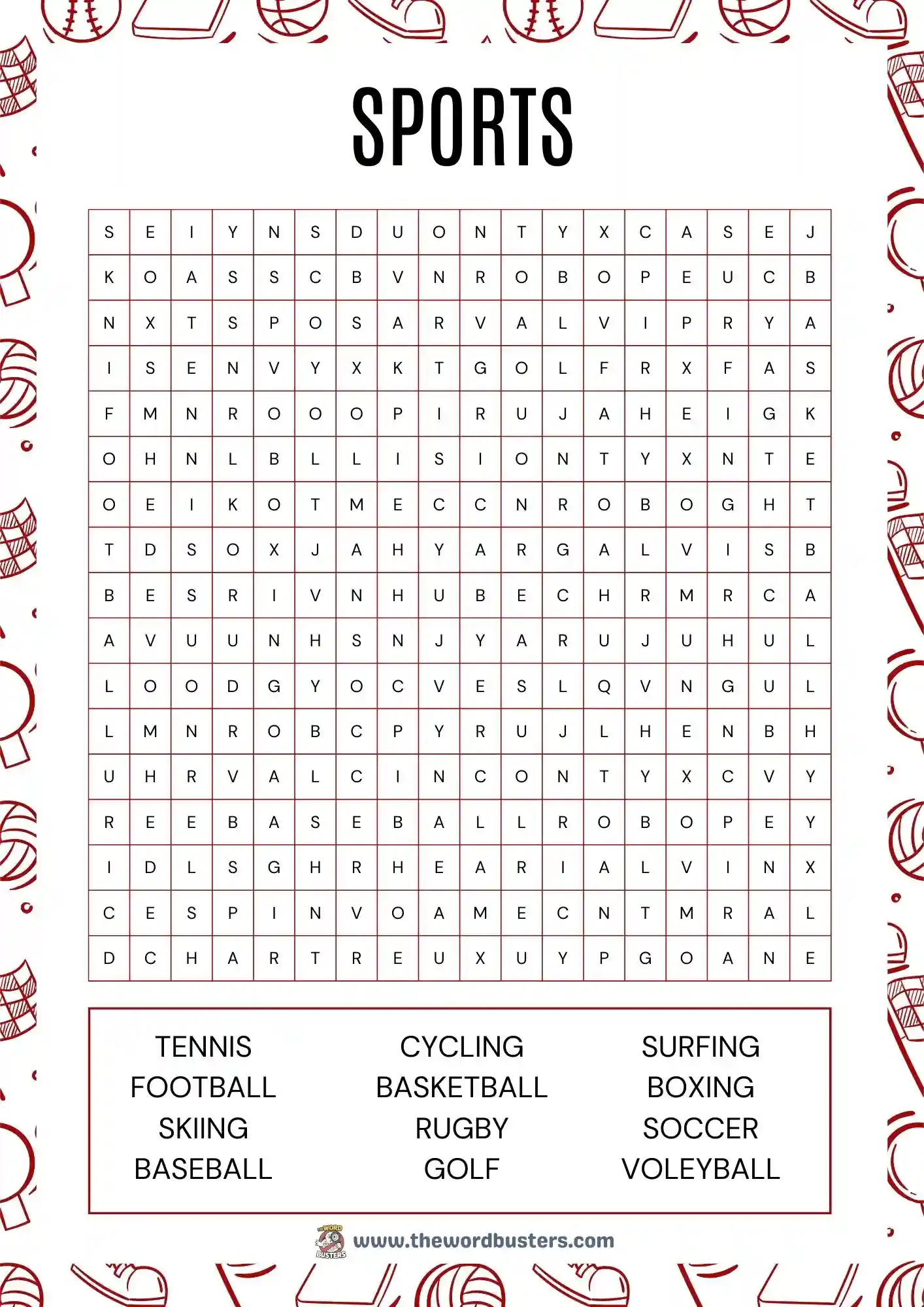 sports word search printable